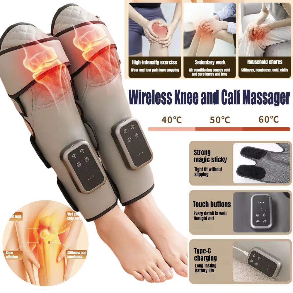 Wireless Knee and Calf Massager Heated Air Pressure 360° Wrap Portable Physiotherapy Device for Cold Legs Joints Adjustable Hot